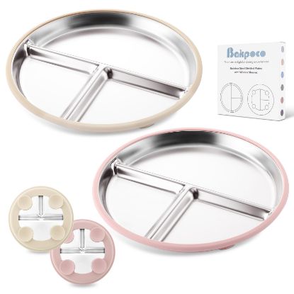 Picture of Bakpoco Stainless Steel Baby Plate with Suction, 9” Divided Toddler Plates with Removable Silicone Sleeves for Kids, Non-Toxic Non-Slip Unbreakable Dishwasher Safe Dinnerware Set of 2, Pink & Beige