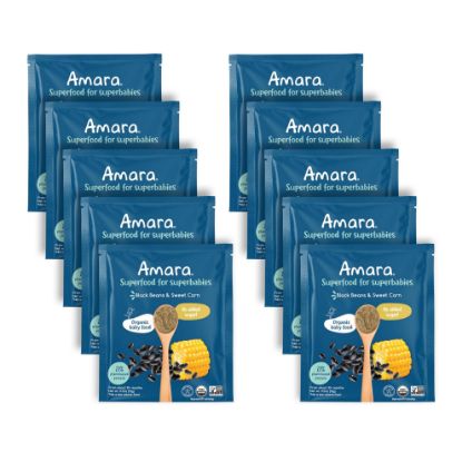 Picture of Amara Organic Baby Food - Stage 3 - Black Bean & Sweet Corn - Baby Cereal to Mix With Breastmilk, Water or Baby Formula - Shelf Stable Baby Food Pouches Made from Organic Veggies - 10 Pouches, 3.5oz Per Serving