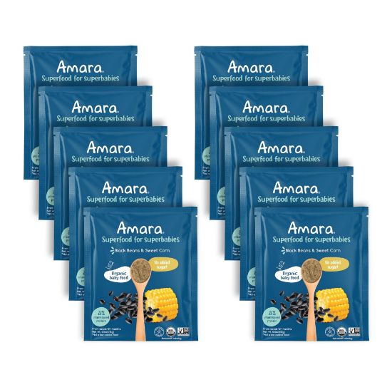 Picture of Amara Organic Baby Food - Stage 3 - Black Bean & Sweet Corn - Baby Cereal to Mix With Breastmilk, Water or Baby Formula - Shelf Stable Baby Food Pouches Made from Organic Veggies - 10 Pouches, 3.5oz Per Serving