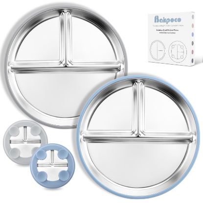Picture of Bakpoco Stainless Steel Toddler Plate with Suction, 9” Divided Plates with Removable Silicone Sleeves for Kids, Non Toxic & BPA Free | Non Slip | Unbreakable Baby Snack Dishes Set of 2, Blue & Gray