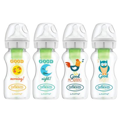 Picture of Dr. Brown's Natural Flow Anti-Colic Options+ Wide-Neck Baby Bottles, 9 oz/270 mL, with Level 1 Slow Flow Nipple, 4 Pack Good Morning/Good Night Gift Set