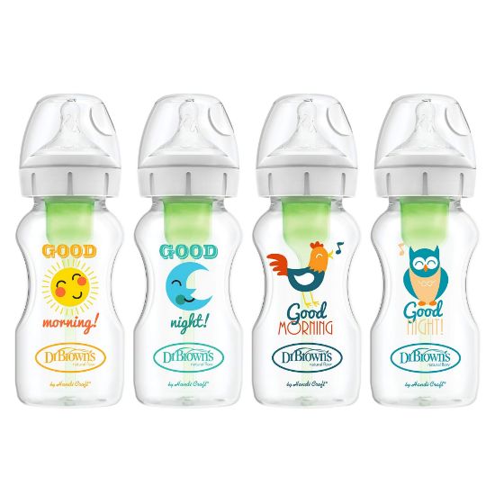 Picture of Dr. Brown's Natural Flow Anti-Colic Options+ Wide-Neck Baby Bottles, 9 oz/270 mL, with Level 1 Slow Flow Nipple, 4 Pack Good Morning/Good Night Gift Set