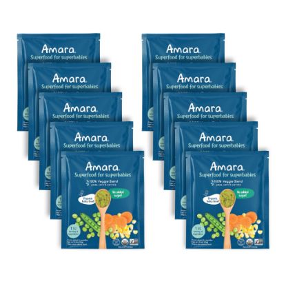 Picture of Amara Organic Baby Food - Stage 2 - Peas, Corn & Carrots - Baby Cereal to Mix With Breastmilk, Water or Baby Formula - Shelf Stable Baby Food Pouches Made from 100% Organic Veggies - 10 Pouches, 3.5oz Per Serving