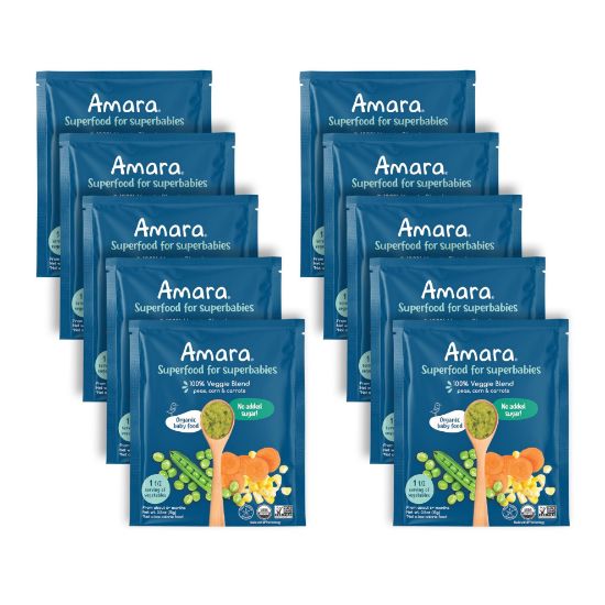 Picture of Amara Organic Baby Food - Stage 2 - Peas, Corn & Carrots - Baby Cereal to Mix With Breastmilk, Water or Baby Formula - Shelf Stable Baby Food Pouches Made from 100% Organic Veggies - 10 Pouches, 3.5oz Per Serving