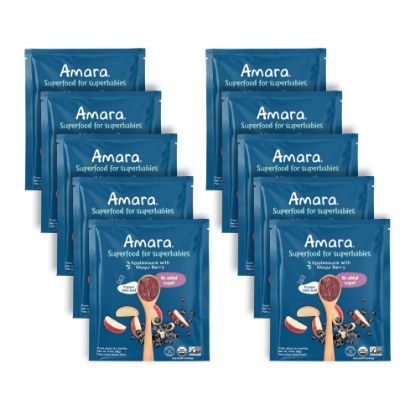 Picture of Amara Organic Baby Food - Stage 2 - Applesauce & Maqui Berry - Baby Cereal to Mix With Breastmilk, Water or Baby Formula - Shelf Stable Baby Food Pouches Made from Organic Fruit - 10 Pouches, 3.5oz Per Serving