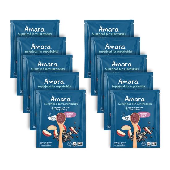 Picture of Amara Organic Baby Food - Stage 2 - Applesauce & Maqui Berry - Baby Cereal to Mix With Breastmilk, Water or Baby Formula - Shelf Stable Baby Food Pouches Made from Organic Fruit - 10 Pouches, 3.5oz Per Serving