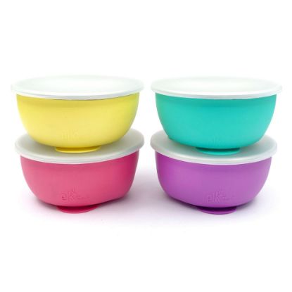 Picture of Elk and Friends Stainless Steel Bowls with Silicone Sleeve for Babies & Toddlers | Lids Included | Stay Put Suction | Cereal & Snack Bowls | 4 Pack