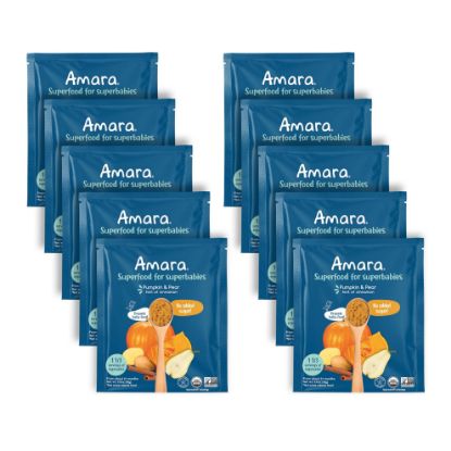 Picture of Amara Organic Baby Food - Stage 2 - Pumpkin Pear - Baby Cereal to Mix With Breastmilk, Water or Baby Formula - Shelf Stable Baby Food Pouches Made from Organic Fruit and Veggies - 10 Pouches, 3.5oz Per Serving