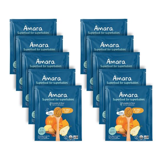 Picture of Amara Organic Baby Food - Stage 2 - Pumpkin Pear - Baby Cereal to Mix With Breastmilk, Water or Baby Formula - Shelf Stable Baby Food Pouches Made from Organic Fruit and Veggies - 10 Pouches, 3.5oz Per Serving