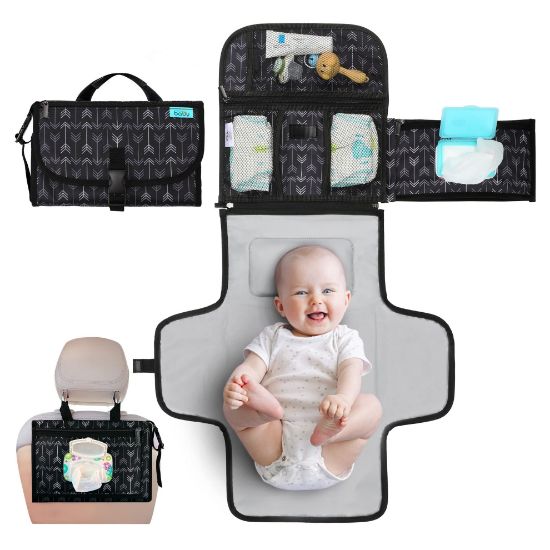 Picture of Kopi Baby Portable Diaper Changing Pad - Baby Diaper Changer Travel Bag with Wipes Pocket, Smart Design Portable Changing Mat, Infant Travel Station Kit, Gift for Newborn Girl & Boy - Black Arrows