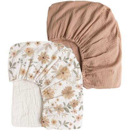 Picture of Konssy Muslin Crib Sheets 2 PCS 100% Cotton Baby Crib Sheets for Standard Crib Mattress (28" x 52"), Soft and Breathable for Boys, Girls (Toffee, Flourish)
