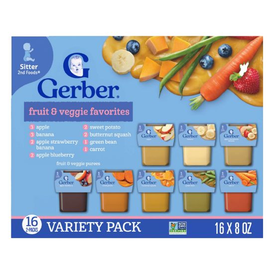 Picture of Gerber Purees 2nd Foods Veggie & Fruit Variety Pack, 8 Ounces, Box of 16 (Packaging May Vary)