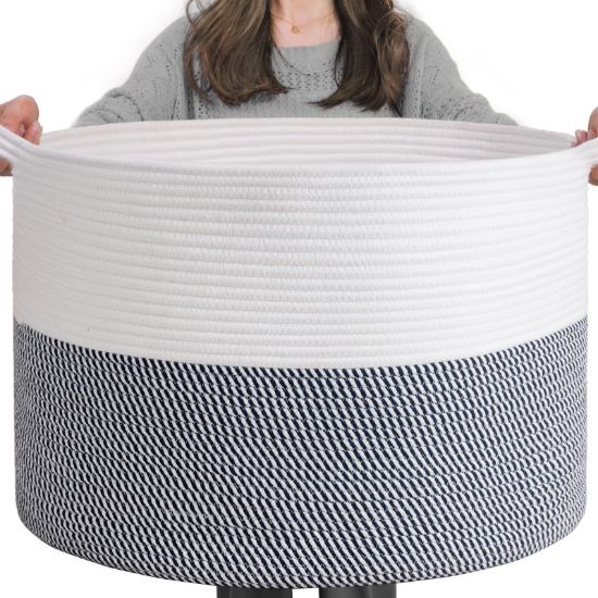 Picture of INDRESSME XXXLarge Cotton Rope Basket 21.7" x 21.7" x 13.8" Woven Baby Laundry Baskets Blanket Basket Toy Baskets with Handle Storage Comforter Cushions Navy Laundry Hamper
