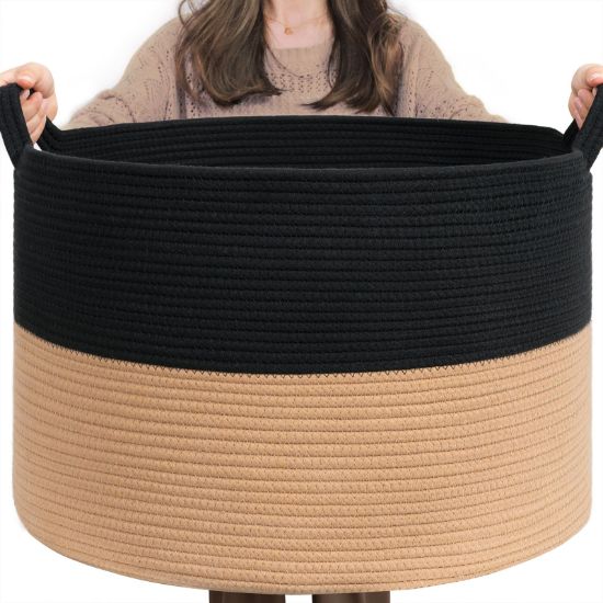 Picture of INDRESSME XXXLarge Cotton Rope Basket Woven Baby Laundry Basket Blanket Baskets Toy Baskets with Handle Comforter Cushions Storage Bin Thread Laundry Hamper - 21.7" x 21.7" x 13.8"