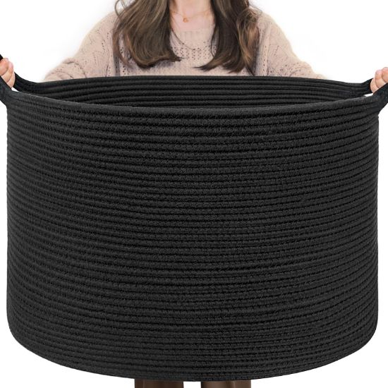 Picture of INDRESSME XXXLarge Blanket Basket 21.7" x 21.7" x 13.8" Woven Storage Baskets Soft Cotton Rope Toy Baskets Storage Kids Decorative Laundry for Home, Perfect for Living Room, Black