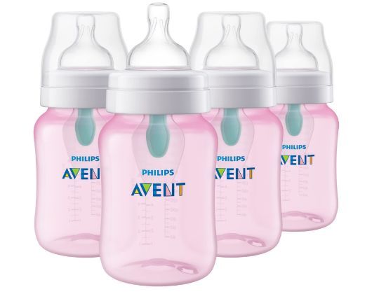Picture of Philips Avent Anti-Colic Baby Bottle with AirFree Vent, 9oz, with Flow 2 Nipples, 1m+, 4pk, Pink, SCY703/14