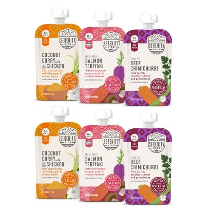 Picture of Serenity Kids 7+ Months World Explorers Baby Food Pouches Puree Made with Ethically Sourced Meats & Organic Veggies - 3.5 Ounce BPA-Free Pouch - World Explorers Intro Pack - 6 Count - Baby Food Puree