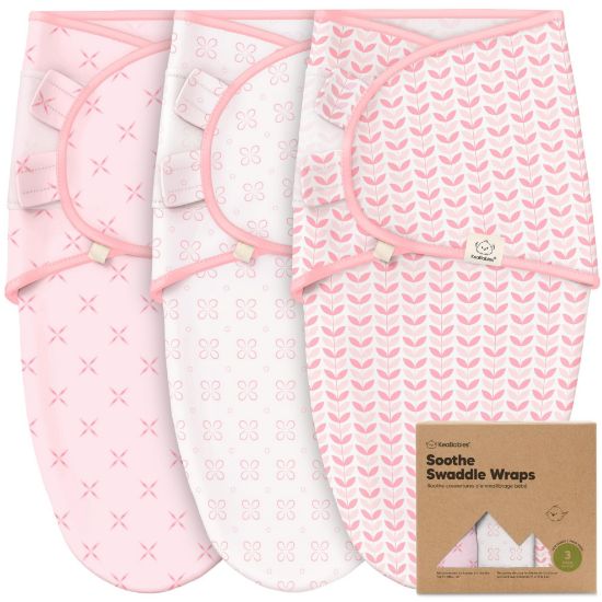 Picture of 3-Pack Organic Baby Swaddle Sleep Sacks - Swaddles for Newborns, Infant 3-6 Months, Baby Girls, Boys, Soft & Snug Newborn Sleep Sack, Nursery Swaddling Blankets, Velcro Closure (Blossom, L)