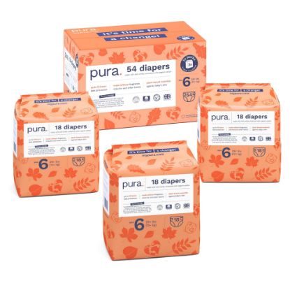 Picture of Pura Size 6 Eco-Friendly Diapers (29+ lbs) Hypoallergenic, Soft Organic Cotton, Sustainable, up to 12 Hours Leak Protection, Allergy UK, Recyclable Paper Packaging, 18 Count (Pack of 3) (54 Diapers)