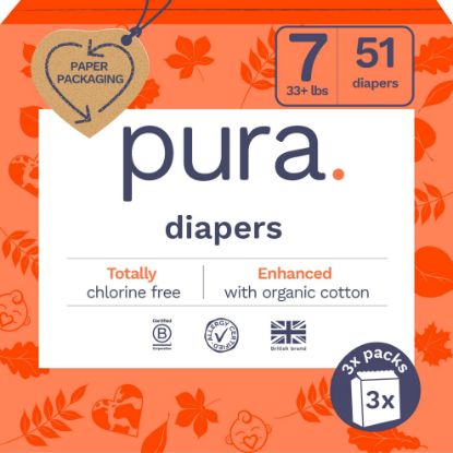 Picture of Pura Size 7 Eco-Friendly Diapers (33+lbs) Totally Chlorine Free (TCF) Hypoallergenic, Soft Organic Cotton, Sustainable, up to 12 Hours Leak Protection, Allergy UK, 3 Packs of 17 (51 Diapers)