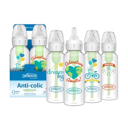 Picture of Dr. Brown's Natural Flow Anti-Colic Options+ Narrow Baby Bottle, Dream Adventure, 8 oz/250 mL, with Level 1 Slow Flow Nipple, 0m+, 4 Count (Pack of 1)