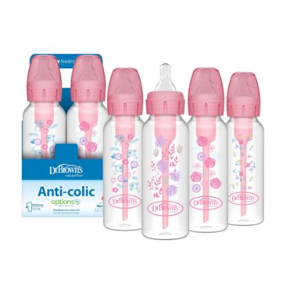 Picture of Dr. Brown's Natural Flow Anti-Colic Options+ Narrow Baby Bottle, Pink Floral, 8 oz/250 mL, with Level 1 Slow Flow Nipples, 0m+, 4 Pack