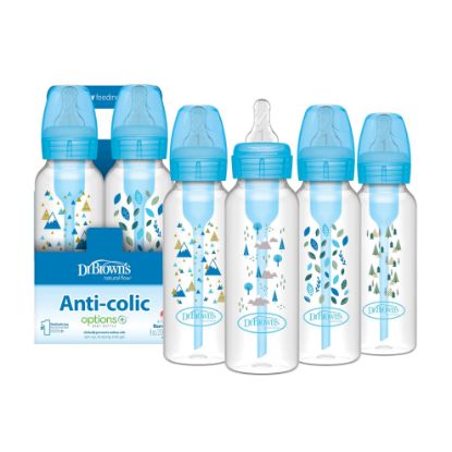 Picture of Dr. Brown's Natural Flow Anti-Colic Options+ Narrow Baby Bottle, Blue Nature, 8 oz/250 mL, with Level 1 Slow Flow Nipples, 0m+, 4 Pack