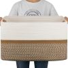 Picture of OIAHOMY Large Blanket Basket, 22”x17”x12” Rectangle Woven Baskets, Nursery Blanket Storage Living Room, Toy Storage With Handle, Large Baskets for Organizing-Yellow/White
