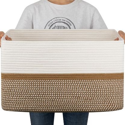 Picture of OIAHOMY Large Blanket Basket, 22”x17”x12” Rectangle Woven Baskets, Nursery Blanket Storage Living Room, Toy Storage With Handle, Large Baskets for Organizing-Yellow/White