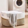Picture of OIAHOMY Large Blanket Basket, 22”x17”x12” Rectangle Woven Baskets, Nursery Blanket Storage Living Room, Toy Storage With Handle, Large Baskets for Organizing-Yellow/White