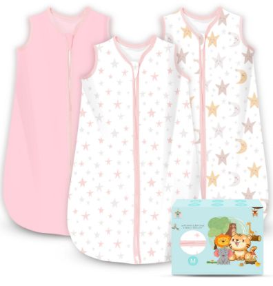 Picture of Cute Castle Baby Sleep Sack 6-12 Months - Lightweight 100% Cotton 2-Way Zipper TOG 0.5 Infant Wearable Blanket, Newborn Essentials Toddler Sleep Clothes, 3 Pack(Pink, Moon, Stars)