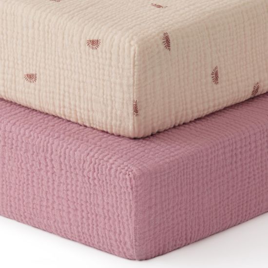 Picture of Blissful Diary Muslin Crib Sheets for Girl Boy, Boho Neutral Soft Cotton Baby Sheet for 52''x28'' Standard Crib Mattress, 2 Pack(Sunshine&Blush Pink)