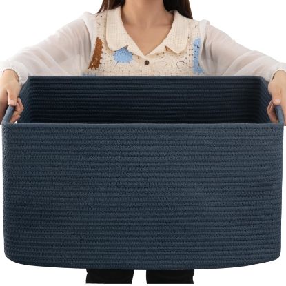 Picture of OIAHOMY 75L Large Blanket Basket, Woven Storage Basket with Handle, Cotton Rope Basket 22”x17”x12”,Blanket Basket Living Room, Toy Basket for Nursery, Blue