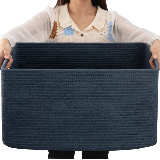 Picture of OIAHOMY 75L Large Blanket Basket, Woven Storage Basket with Handle, Cotton Rope Basket 22”x17”x12”,Blanket Basket Living Room, Toy Basket for Nursery, Blue