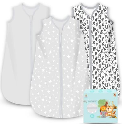 Picture of Cute Castle Baby Sleep Sack 0-6 Months - Lightweight 100% Cotton 2-Way Zipper TOG 0.5 Infant Wearable Blanket, Newborn Essentials Toddler Sleep Clothes, 3 Pack(Gray, Letters, Stars)