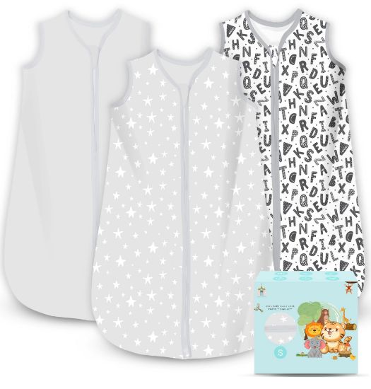 Picture of Cute Castle Baby Sleep Sack 0-6 Months - Lightweight 100% Cotton 2-Way Zipper TOG 0.5 Infant Wearable Blanket, Newborn Essentials Toddler Sleep Clothes, 3 Pack(Gray, Letters, Stars)