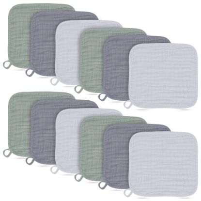 Picture of Baby Washcloths -100% Cotton Muslin Soft Baby Bath Wash Cloths and Absorbent Baby Wipes for Newborns Kids Girls and Boys - 12 Pack, 12x12 Inches - Grey, Green, Slate
