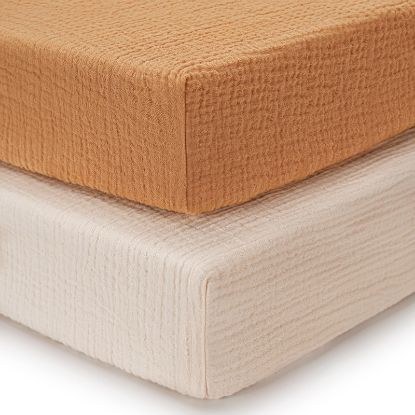 Picture of Blissful Diary Muslin Crib Sheets for Girl Boy, Boho Neutral Soft Cotton Baby Sheet for 52''x28'' Standard Crib Mattress, 2 Pack(Retro Yellow&Beige)