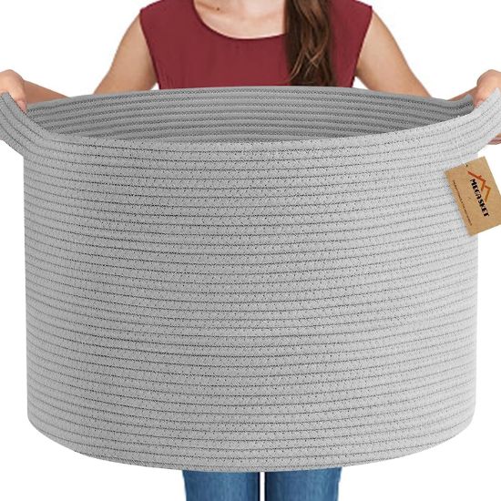 Picture of MEGASKET Extra Large Grey Storage Basket, 22" X 22" X 14" XXXL Blanket Basket for Living Room, Gray Wicker Woven Cotton Rope Baskets for Storage, Kids Toy Baskets Bins, Decorative Pillow Towel Basket