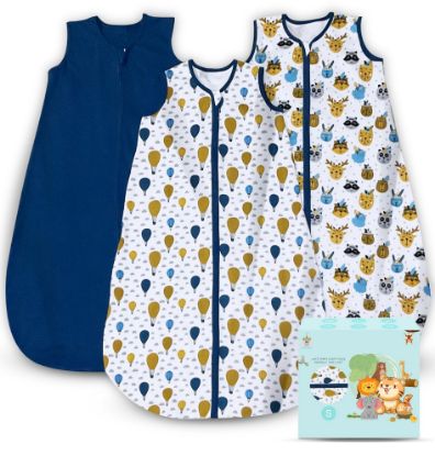 Picture of Cute Castle Baby Sleep Sack 0-6 Months - Lightweight 100% Cotton 2-Way Zipper TOG 0.5 Infant Wearable Blanket, Newborn Essentials Toddler Sleep Clothes, 3 Pack(Blue, Balloons, Animals)