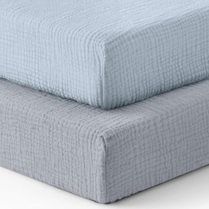 Picture of Blissful Diary Muslin Crib Sheets for Girl Boy, Boho Neutral Soft Cotton Baby Sheet for 52''x28'' Standard Crib Mattress, 2 Pack(Light Blue&Grey)
