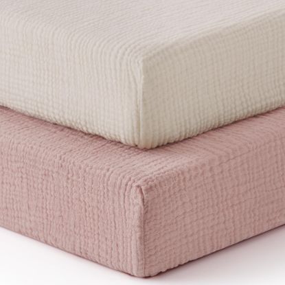 Picture of Blissful Diary Muslin Crib Sheets for Girl Boy, Boho Neutral Soft Cotton Baby Sheet for 52''x28'' Standard Crib Mattress, 2 Pack(Cream&Pink)