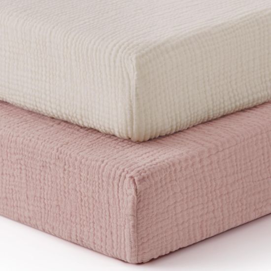Picture of Blissful Diary Muslin Crib Sheets for Girl Boy, Boho Neutral Soft Cotton Baby Sheet for 52''x28'' Standard Crib Mattress, 2 Pack(Cream&Pink)
