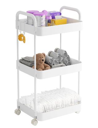 Picture of Volnamal Diaper Caddy Organizer, 3-Tier Movable Diaper Cart with Wheels, Newborn Essentials Must Haves, Diaper Caddy for Wipes & Diapers, Baby Registry Search - Plastic White