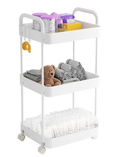 Picture of Volnamal Diaper Caddy Organizer, 3-Tier Movable Diaper Cart with Wheels, Newborn Essentials Must Haves, Diaper Caddy for Wipes & Diapers, Baby Registry Search - Plastic White