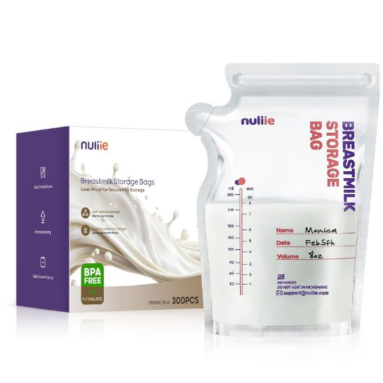 Picture of Nuliie 300 Pcs Breastmilk Storage Bags, 8 OZ Breast Milk Storing Bags, BPA-Free, Milk Storage Bags with Pour Spout for Breastfeeding, Self-Standing Bag, Space Saving Flat Profile