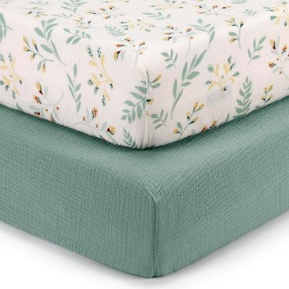 Picture of Blissful Diary Muslin Crib Sheets for Girl Boy, Boho Neutral Soft Cotton Baby Sheet for 52''x28'' Standard Crib Mattress, 2 Pack(Roman Green&Leaf)