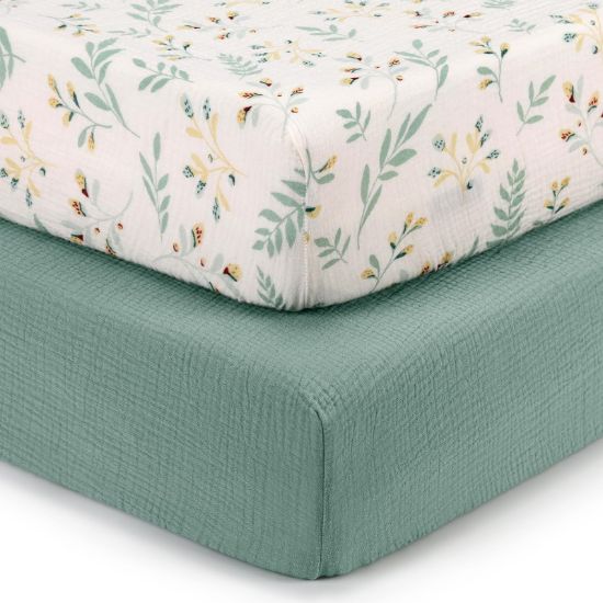 Picture of Blissful Diary Muslin Crib Sheets for Girl Boy, Boho Neutral Soft Cotton Baby Sheet for 52''x28'' Standard Crib Mattress, 2 Pack(Roman Green&Leaf)