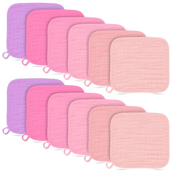 Picture of Baby Washcloths -100% Cotton Muslin Soft Baby Bath Wash Cloths and Absorbent Baby Wipes for Newborns Kids Girls and Boys - 12 Pack, 12x12 Inches - Pink, Purple, Sakura Series