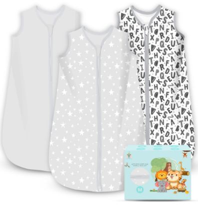 Picture of Cute Castle Baby Sleep Sack 6-12 Months - Lightweight 100% Cotton 2-Way Zipper TOG 0.5 Infant Wearable Blanket, Newborn Essentials Toddler Sleep Clothes, 3 Pack(Gray, Letters, Stars)